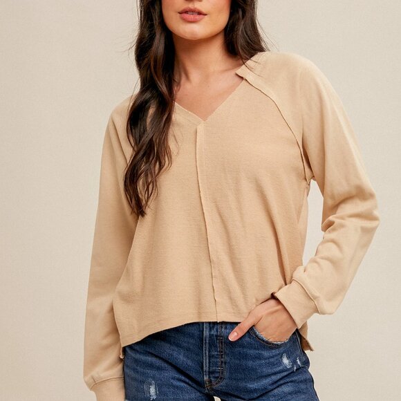 HEM & THREAD Beige Long Sleeve V-Neck Top, Lightweight Casual Neutral Pullover - Picture 3 of 4